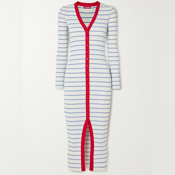 STAUD Shoko Ribbed Knit Midi Dress White Light Blue Stripes Red Trim Size M - Picture 2 of 13